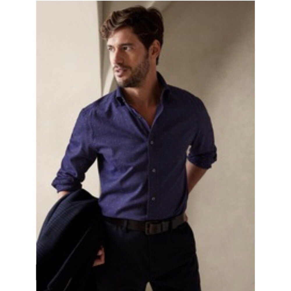 david donahue Navy Super Fine Twill Dress Shirt Men 17.5 Long Sleeve @L3